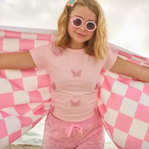 Crystal Butterfly Kids Set – Pink butterfly t-shirt and sequin shorts for girls, summer beach outfit – Togs Store +Post Title + Separator + Category + Separator + Site Title