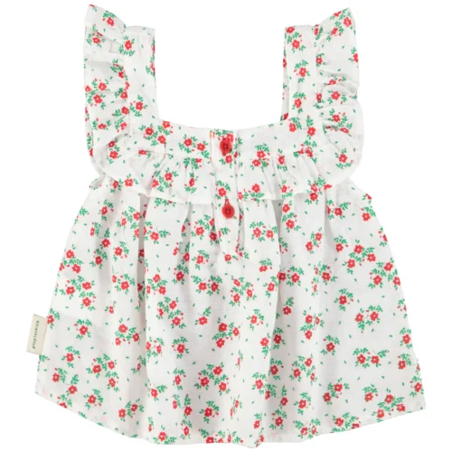 Ecru Red Floral Sleeveless Blouse