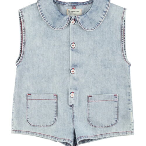 Light Blue Denim Apple Print Sleeveless Jumpsuit